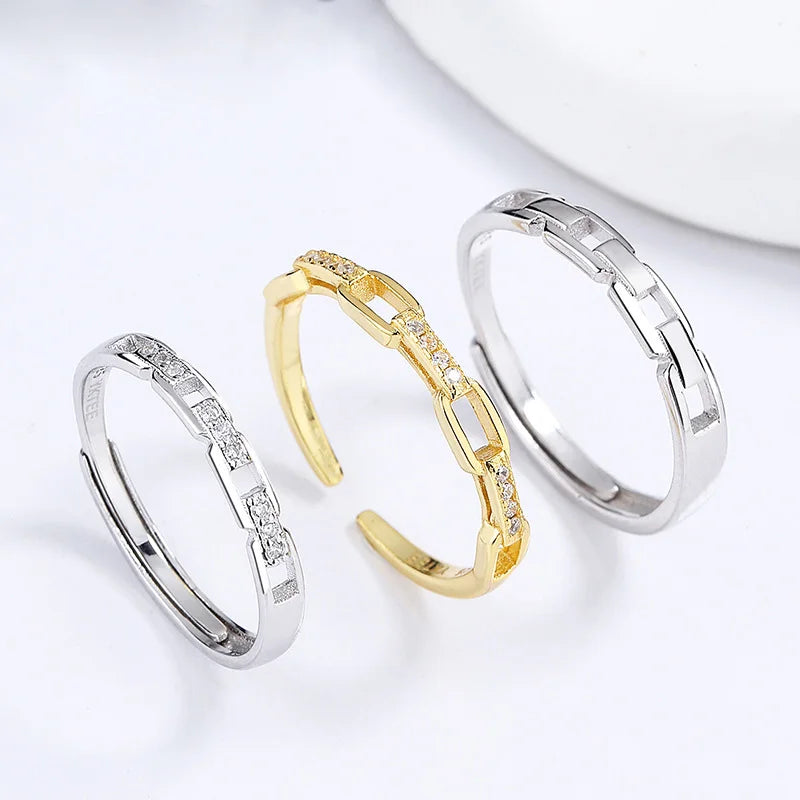 925 Sterling Silver Micro Insert Zircon Rectangle Paperclip Opening Adjustable Finger Ring for Women and Men