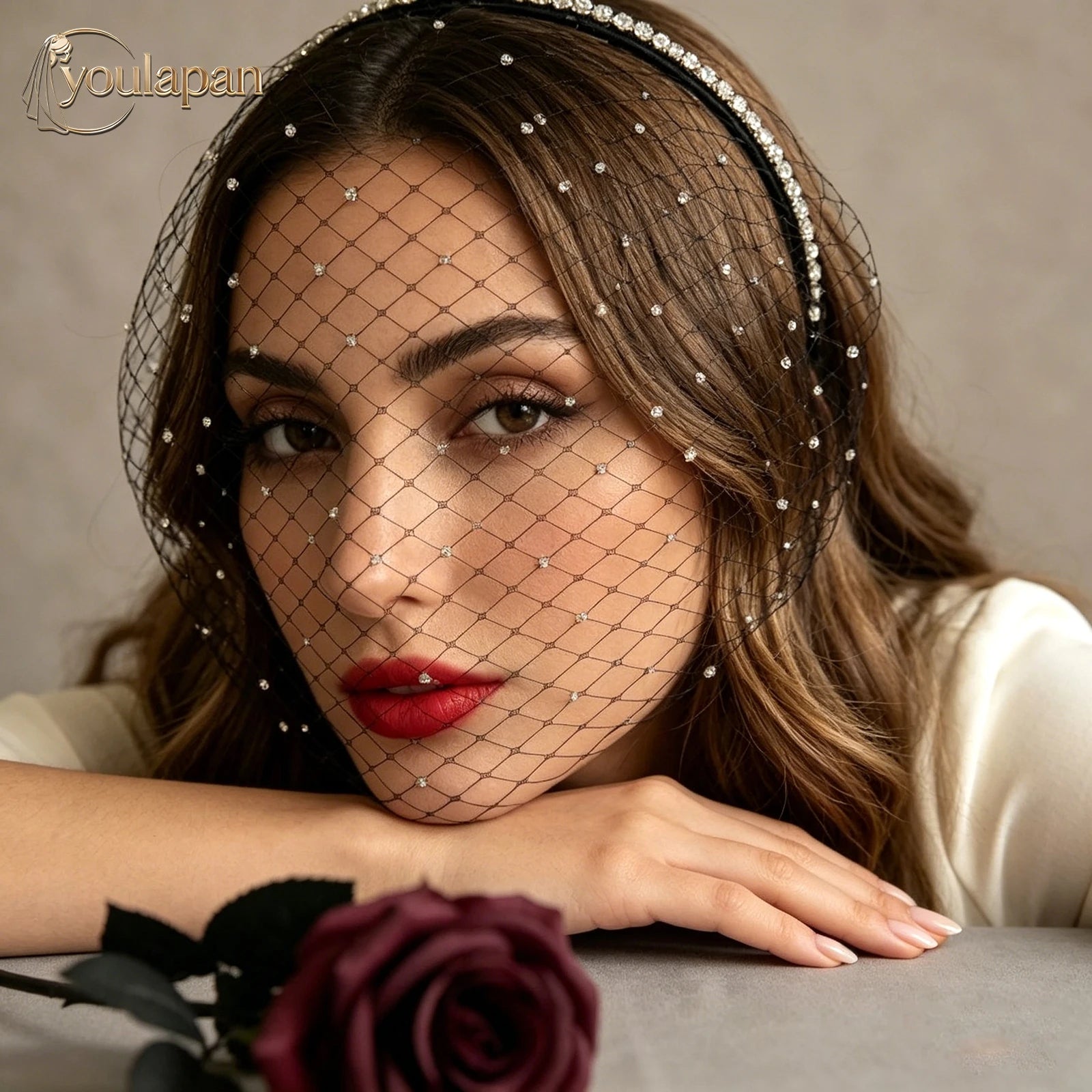 YouLaPan VA09 Black White Sexy Woman Face Veil Shiny Rhinestone Mesh Headwear Headband Bridal Wedding Decoration Birdcage Veil