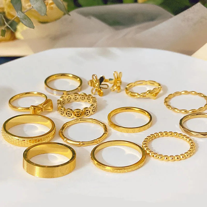 Minimalist Multi Shapes Shell Beads Heart Ring Bamboo Bowknot Sunflower Ring Stainless Steel Ring for Women