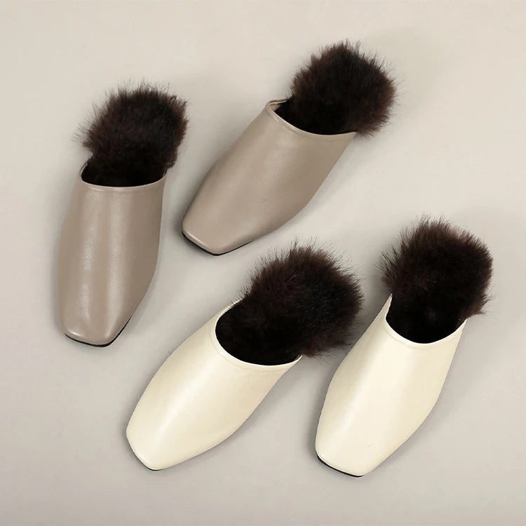 Women's Slip-On Autumn/Winter/Spring Loafers Warm Flat Faux Fur Open Back Genuine Sheepskin Leather Slippers