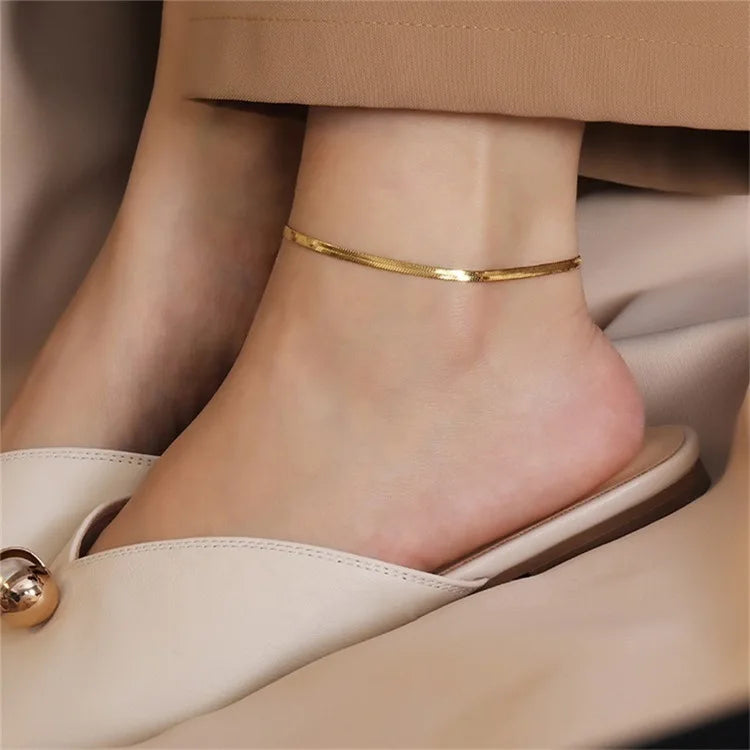 4mm 14k PVD Gold Plated Flat Chain Ankle Bracelet Foot Jewelry Tarnish Free Stainless Steel Snake Chain Anklet for Women