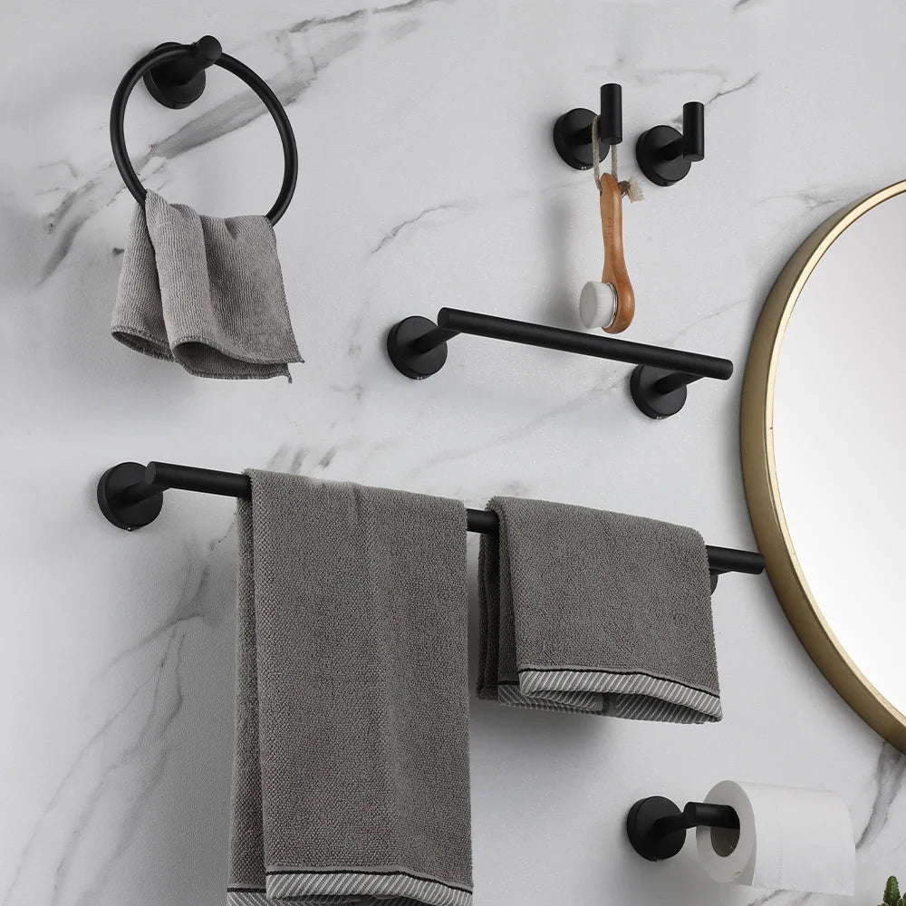 Black Modern Bathroom Hardware Accessories Set 5 Pieces Stainless Steel Wall Mounted Tower Hanger for Hotel