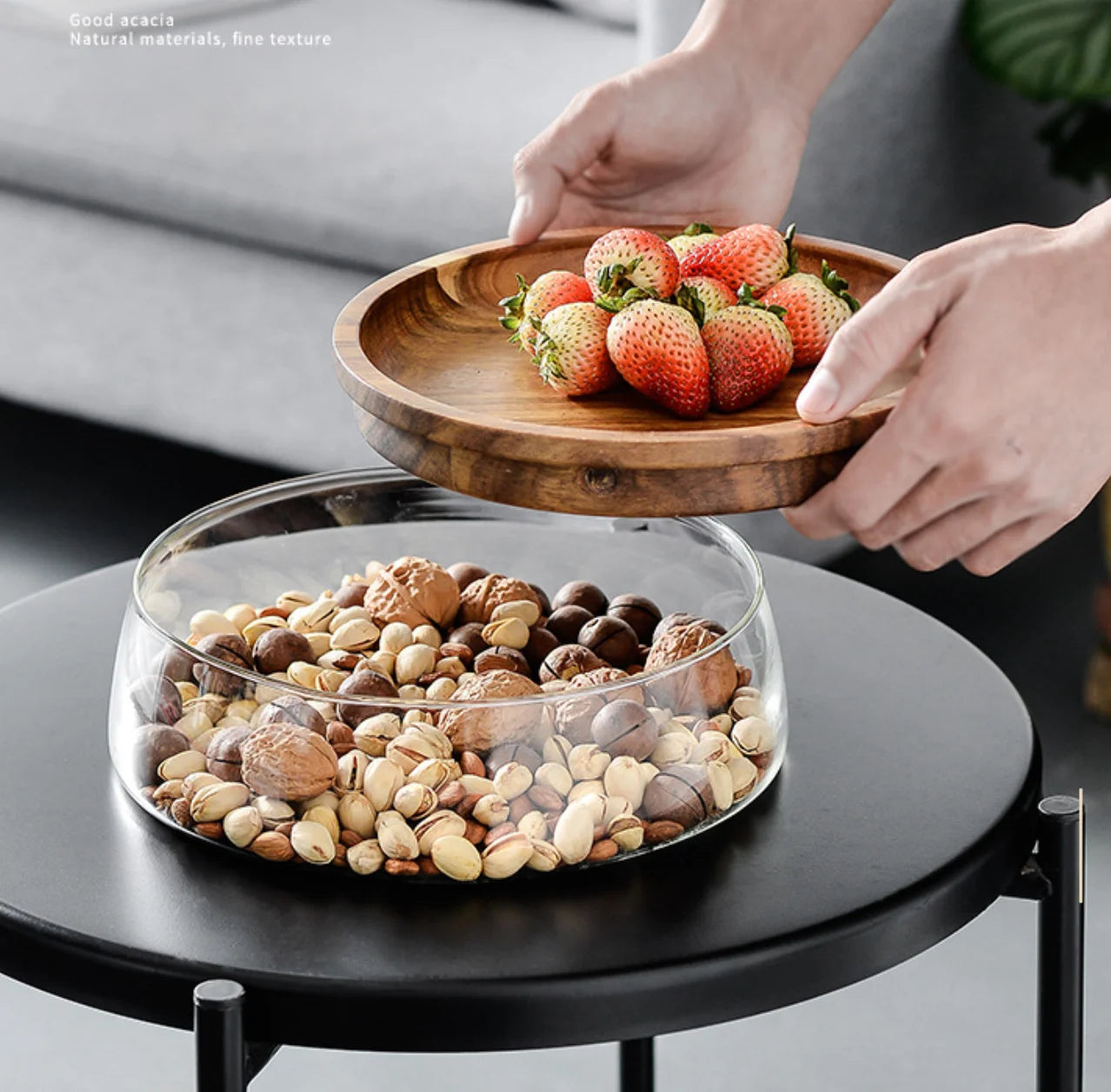 Acacia Wood Japanese Nuts Fruit Plate Candy Basin Modern Living Room Coffee Table Double Glass Home Glass Storage Plate