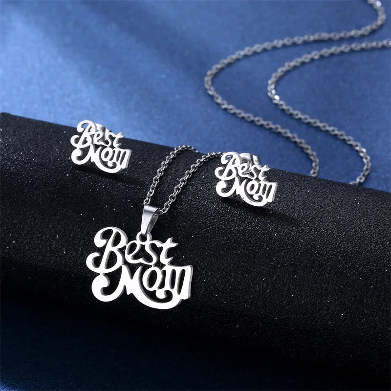 BEST MAMA Women's Fashionable and Personalized Necklace Earring Set Stainless Steel Link Chain Decoration Jewelry