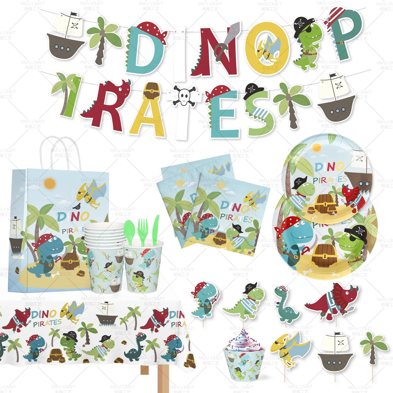 PAFU Dinosaur Pirate Birthday Party Decoration Supplies Plates Cups Napkins Tablecloth Gift Bag Box Dinosaur Party Tableware Set