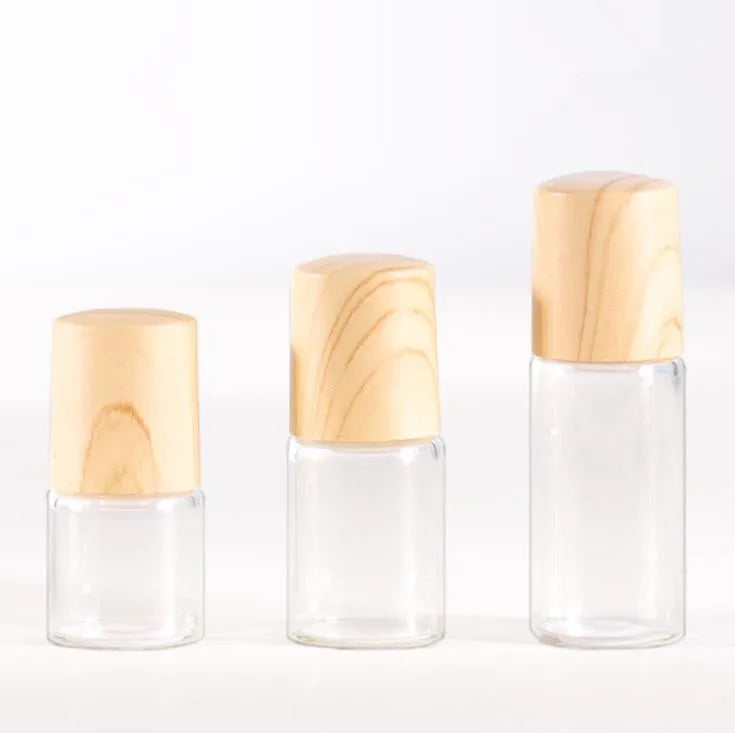In Stock 1ml 2ml 3ml 5ml Clear/amber Glass Roll on Bottle With Steel Roller and Wood Grain Cap for Perfume MegaBDM