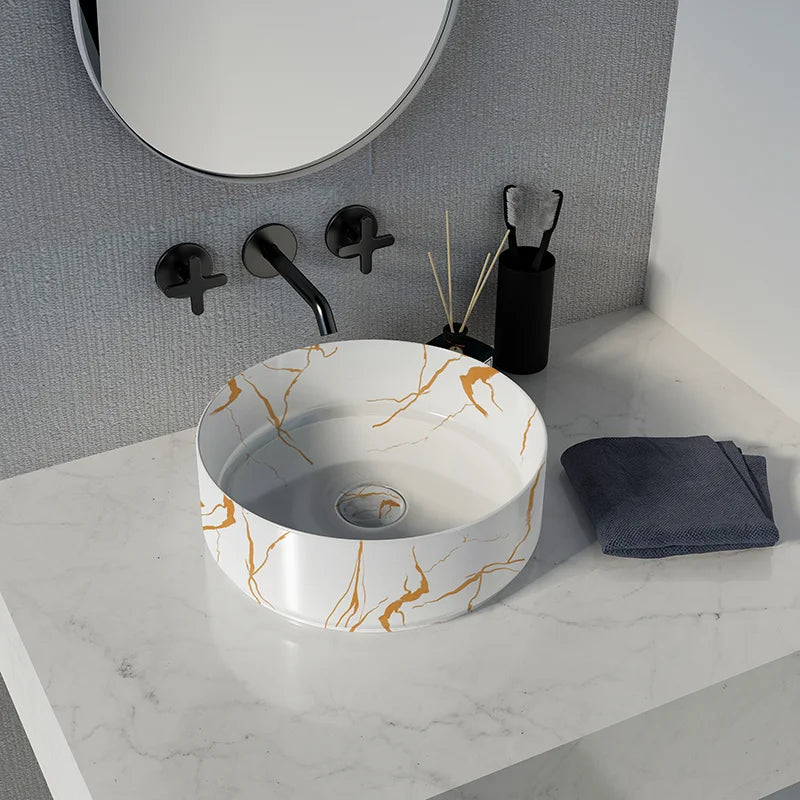 Matte  Marble  Vanity Vessel Sink Counter Top Basin Ceramic Wash Hand Basin Marble Bathroom Sink