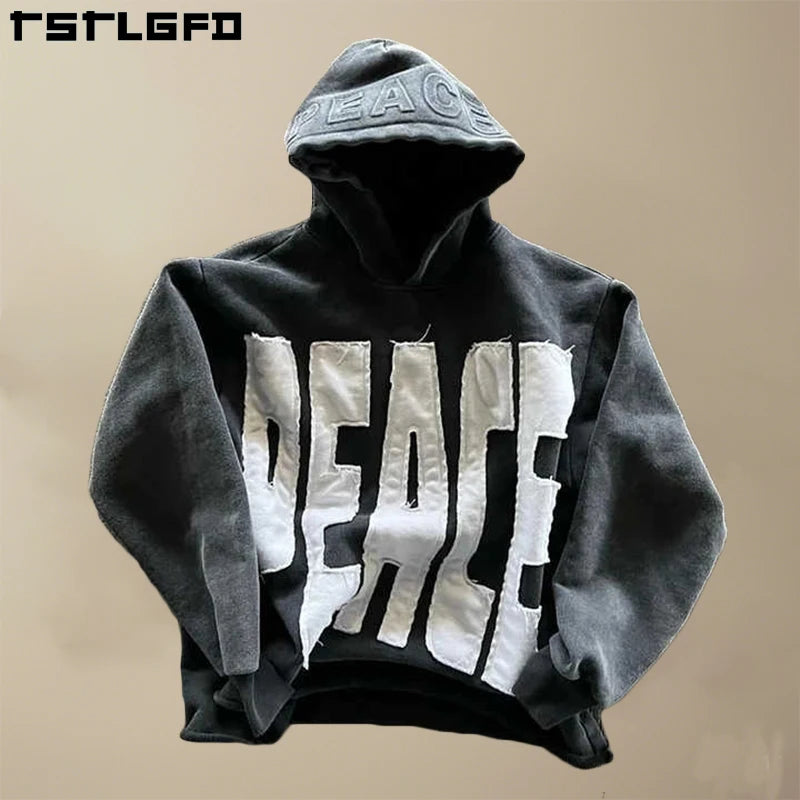 Custom Clothing Streetwear Distressed  Embroidered Vintage Acid Wash French Terry Crop Boxy Fit Applique Hoodie for Men