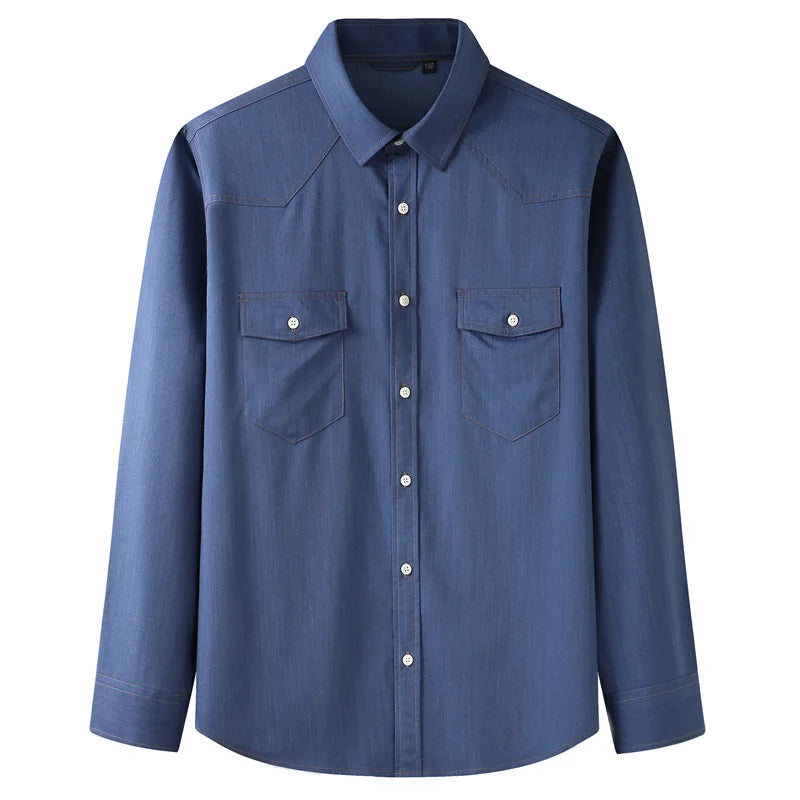2025 Men's Denim Long-sleeved Shirt Fat Man Spring and Autumn New Casual Fashion Shirt