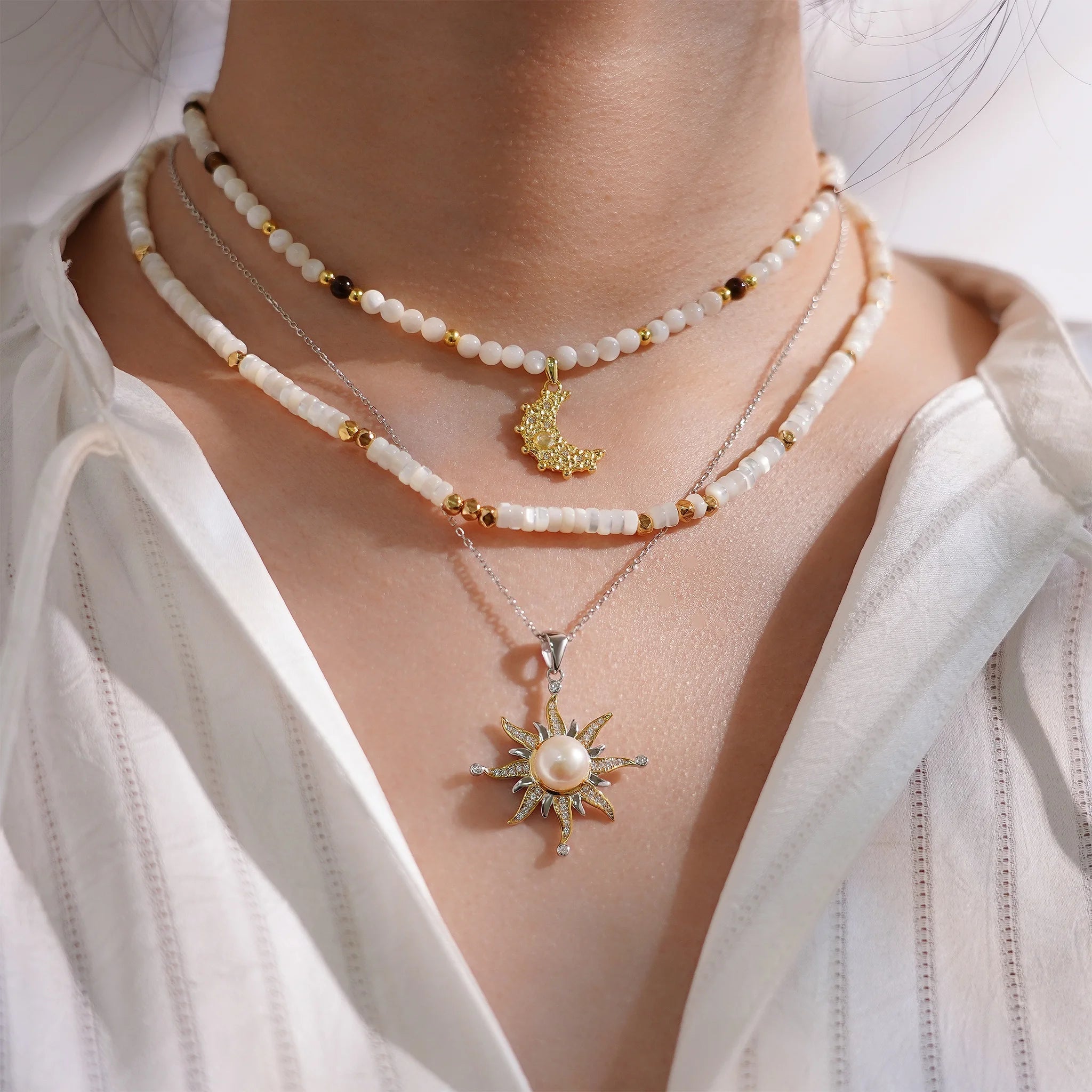Accessories Gift S925 Crystal Bohemian Jewelry Shell Beads Dual Color Plating Pearl Moonstone Lava Sun and Moon Necklace Women