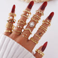 28Pcs/Set Metal Leaf Pearl Colored Rhinestone Ring Set for Women Jewelry