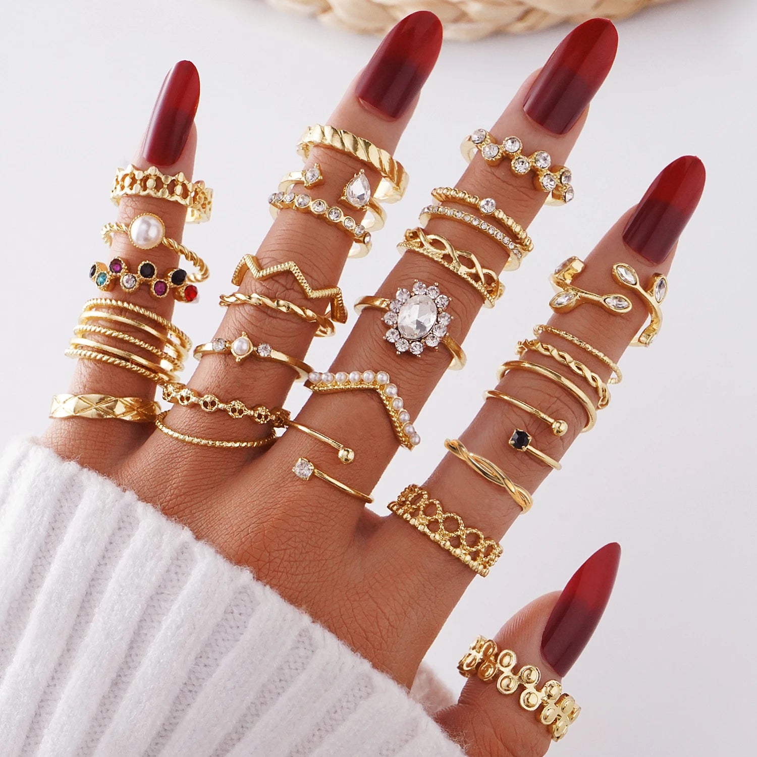 28Pcs/Set Metal Leaf Pearl Colored Rhinestone Ring Set for Women Jewelry