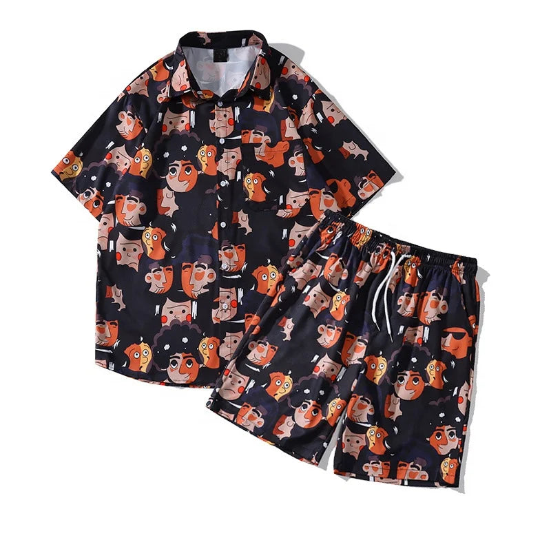 Cut and Sew Custom Mens Summer Print Casual Hawaiian Beach 2 Pieces Buttoned Shirts Shorts Set