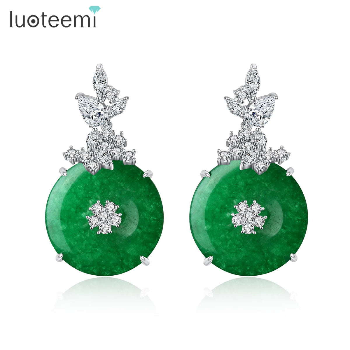 LUOTEEMI Charm Cubic Zirconia Jade Statement Cz Fashion Designer Earing Jewelry Woman Flower Drop Earrings