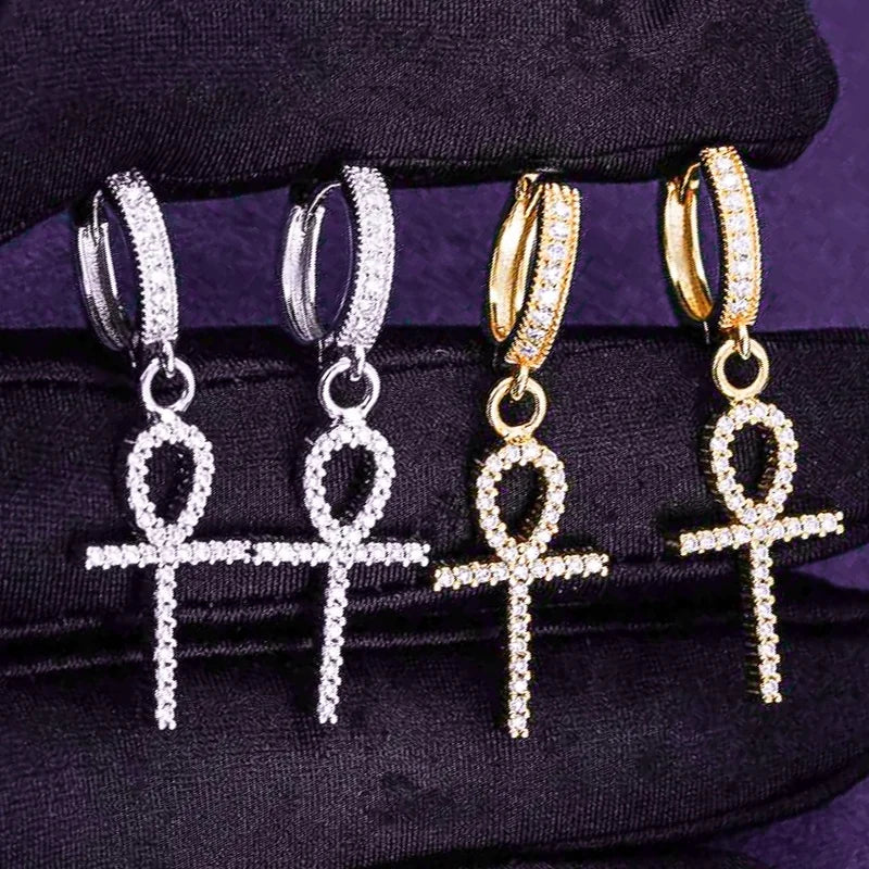 GRA Hip Hop Iced Out Bling 925 Sterling Silver Pass Diamond Tester VVS Moissanite Ankh Hoop Earrings for Women Men