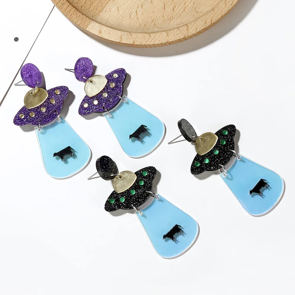 Fashion Hyperbole Funny Flying Saucer Resin Dangle Earrings Purple Black UFO Colorful Radial Cow Acrylic Drop Earrings