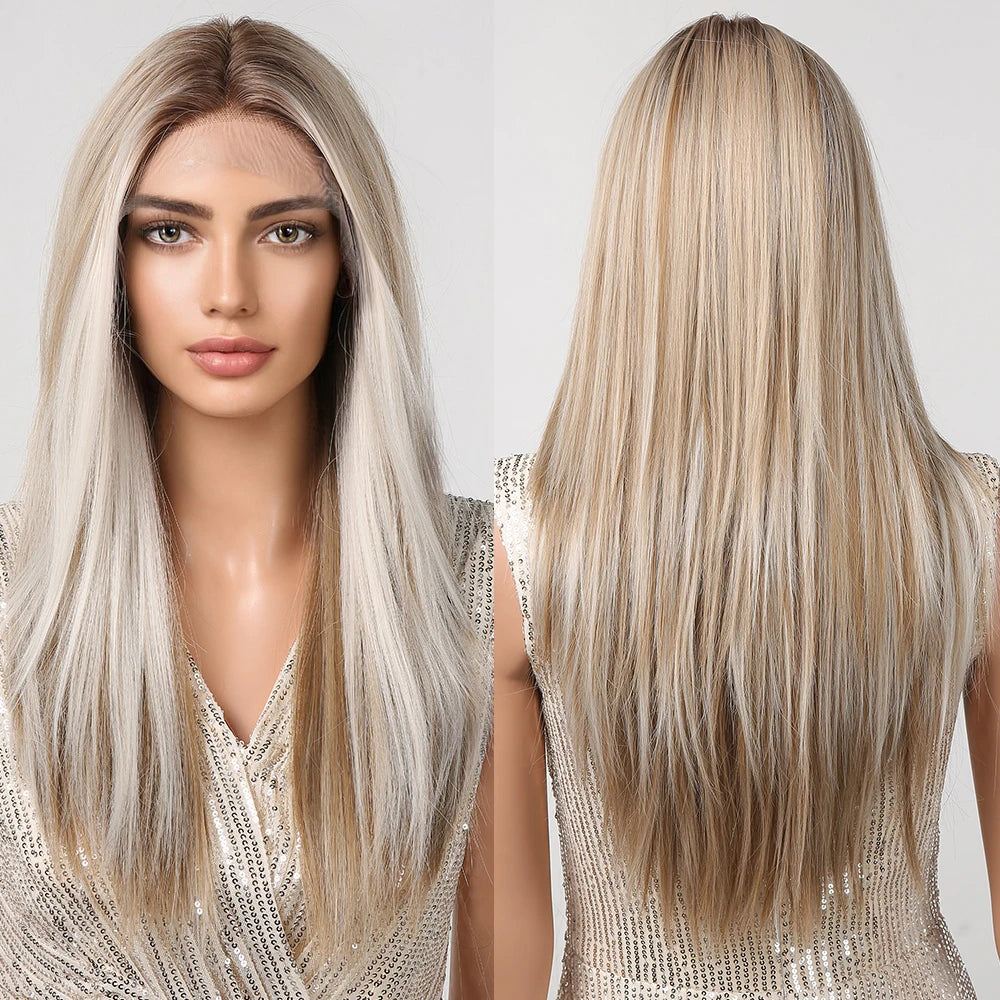 Future Chemical Fiber Women's Blonde Golden Stripe Straight Lace Front Synthetic Wig Long Middle Lace Wig Natural Wig