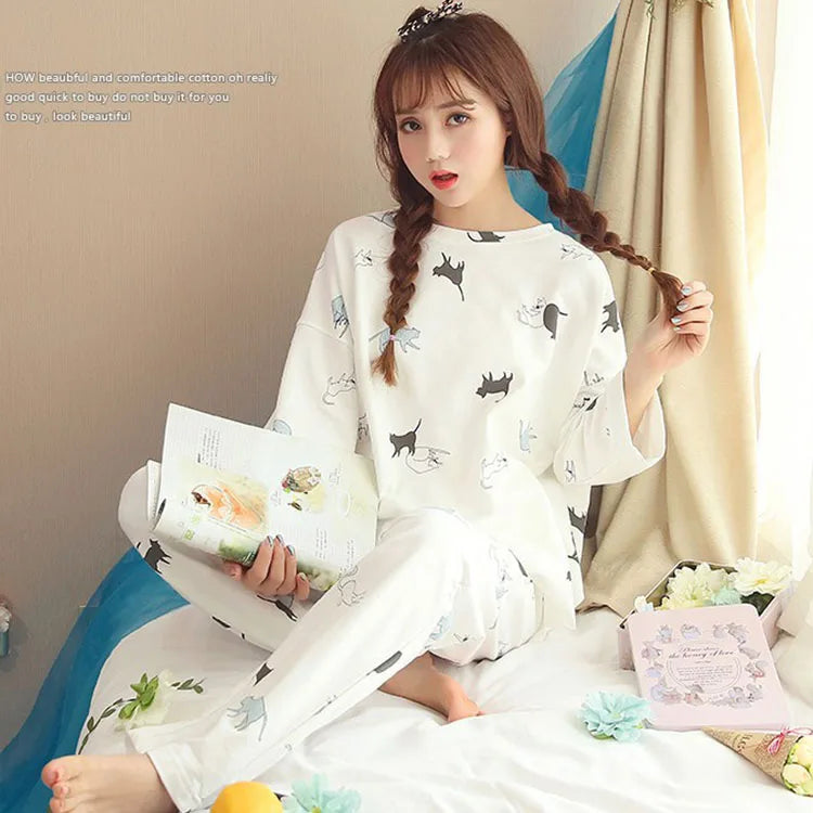 Women Pajamas Sets Spring Summer Long Sleeve Thin Print Cute Sleepwear Big Girl Pijamas Student Pajama
