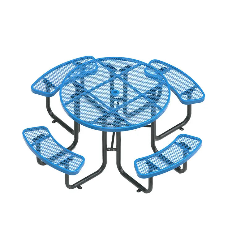 Outdoor Commercial Round Metal Picnic Table with Bench Garden Furniture Steel Dinning Table Outside Patio Coffee Table Chair
