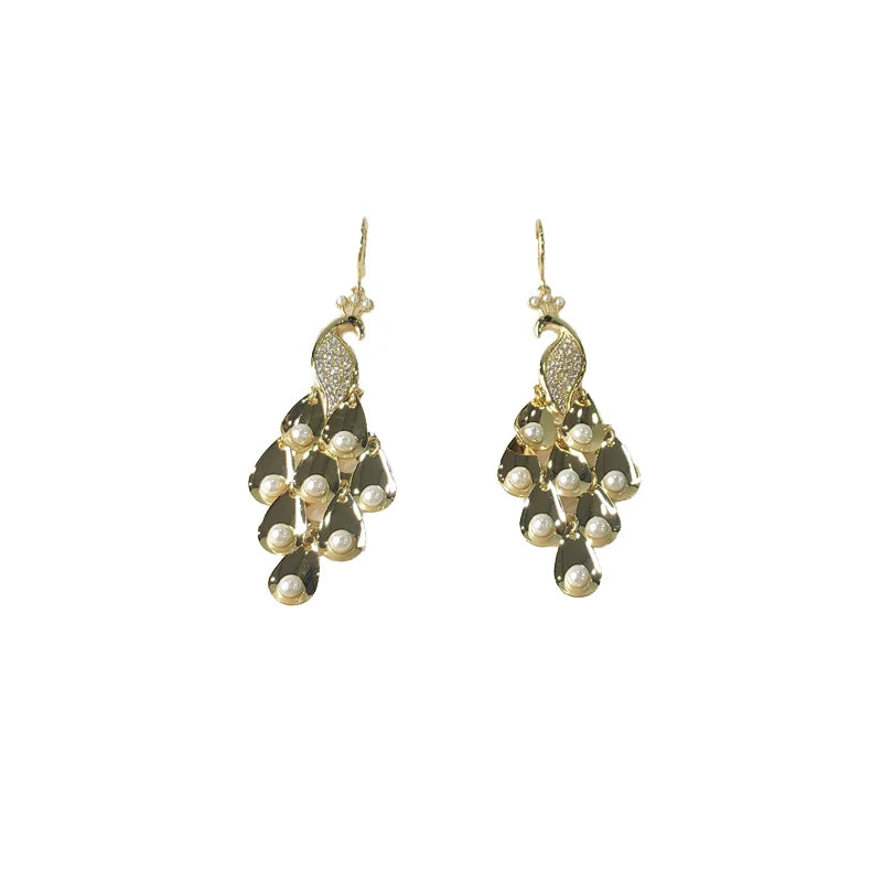 Wholesale Gold Peacock Dangle Earring Handmade Jewelry Pearl Feather Statement Earring for Women