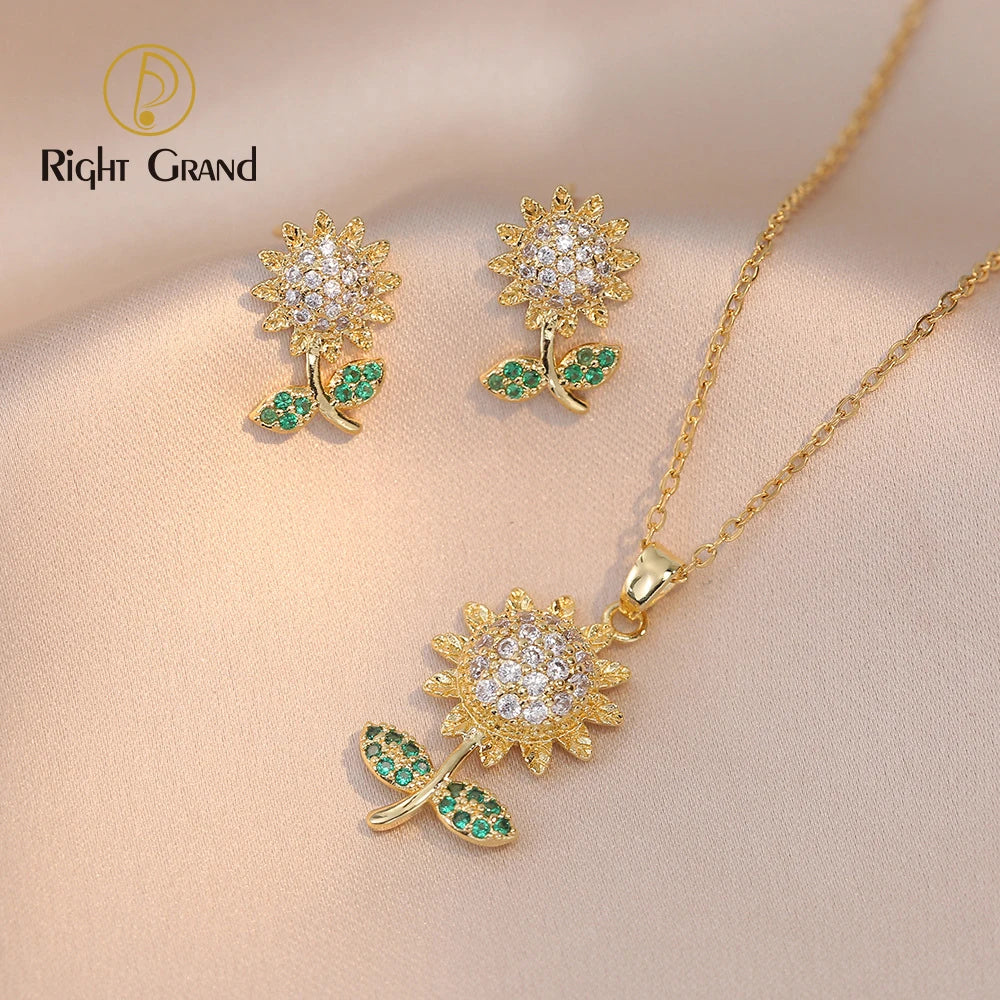 Fashionable and Simple Sunflower Pendant Ins Style Clavicle Chain Exquisite Zircon Necklace Earrings Set
