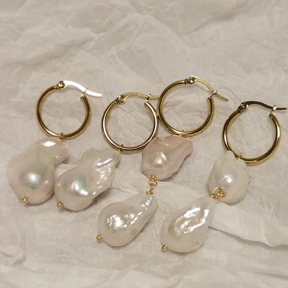 Vacation Style Stainless Steel Hawaii Earrings Baroque Pearl Dangle Earrings Jewelry Bold Baroque Pearl Hoop Earrings