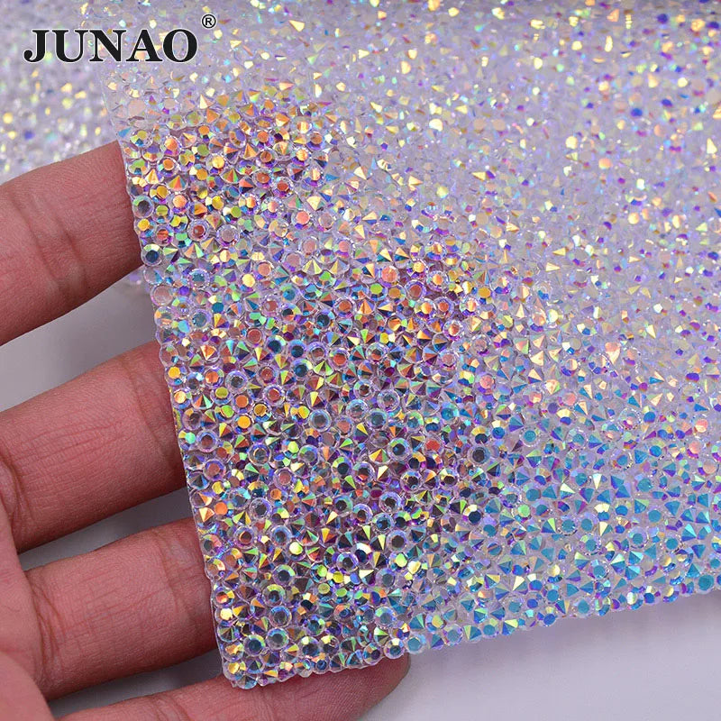 JUNAO Factory Hot Sell 24*40cm Transparent AB Crystal Mesh Sheet Glitter Resin Hotfix Rhinestone Mesh Fabric for Dress