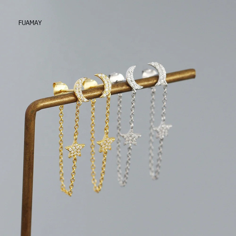 FUAMAY 77mm Long Silver Chain Earrings 18K Gold Plating Pave Diamond Moon Star Design Main Stone Zircon Sterling Silver Jewelry
