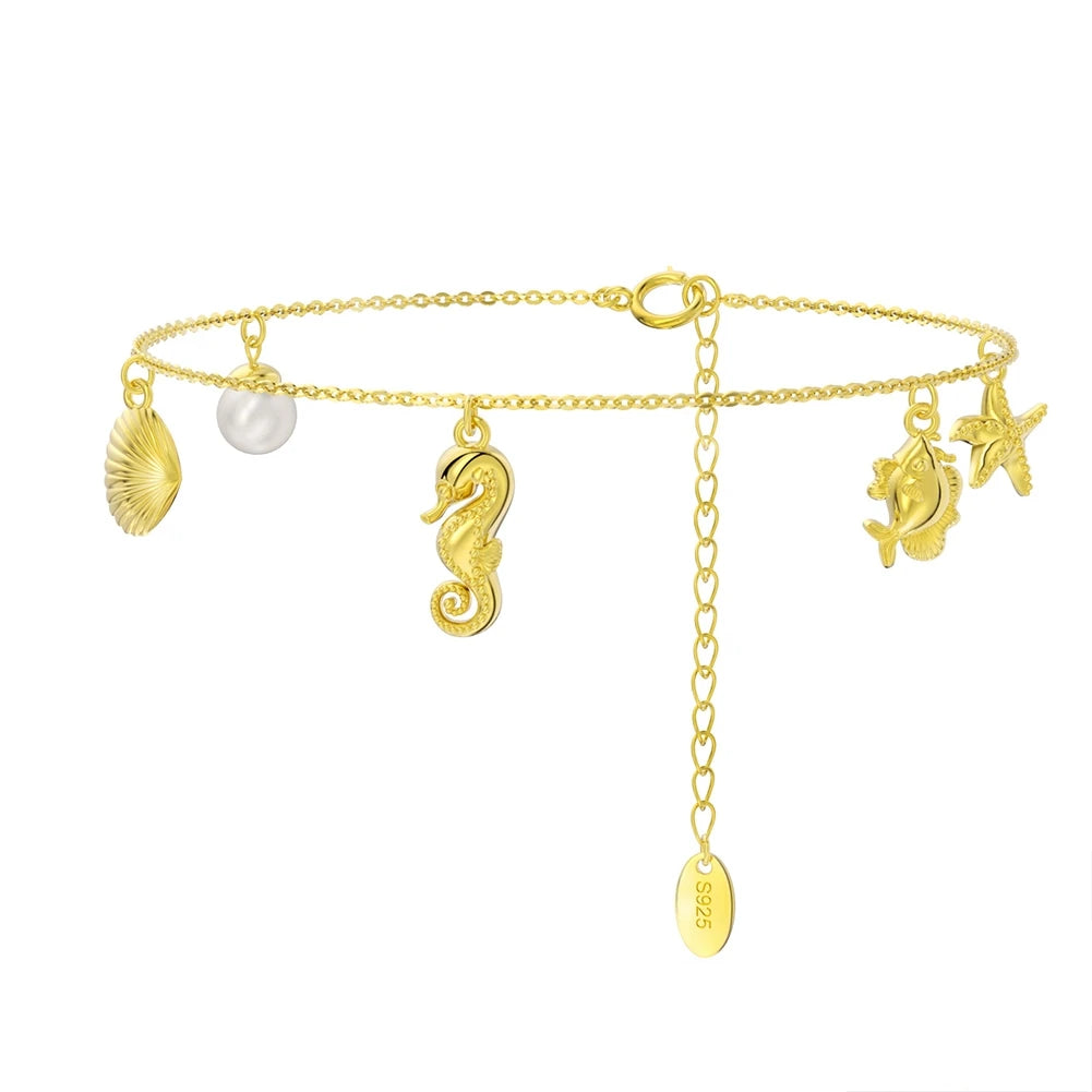 RINNTIN APB02 Submarine Organism With Pearl Charm and 14K Gold Plated Sterling Silver Bracelet for Women Gift