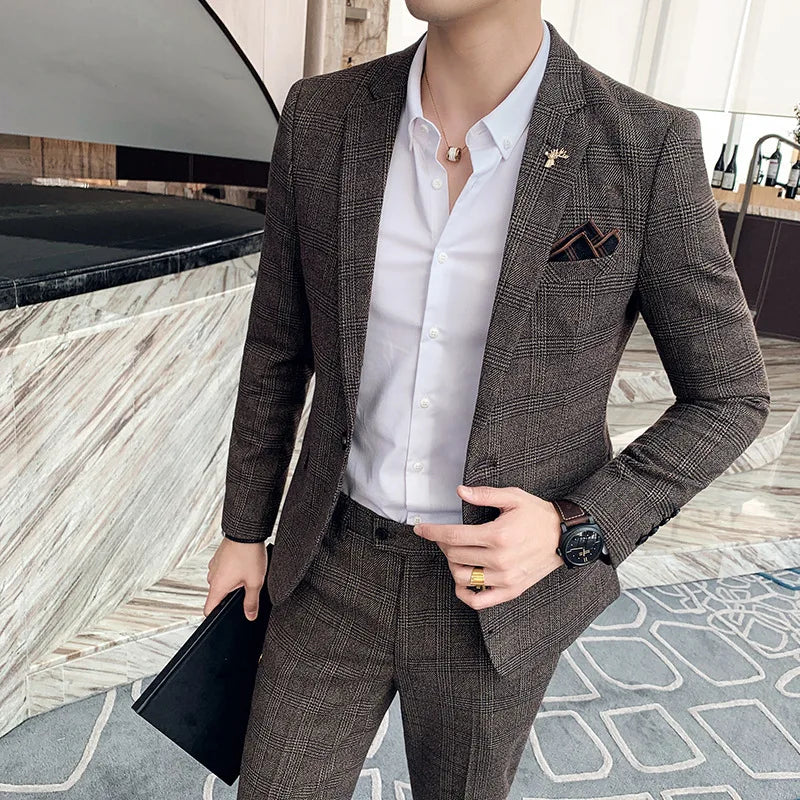 M-5XL Autumn and Winter Men's Casual Suit Korean Fashion Checker Suit Two Piece British Fit Suit Set for Men