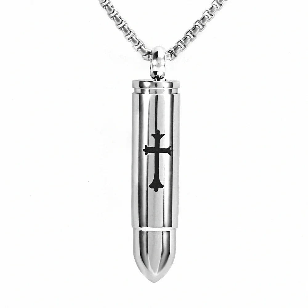 Punk Jewelry Stainless Steel Cross Bullet Urn Ashes Necklace