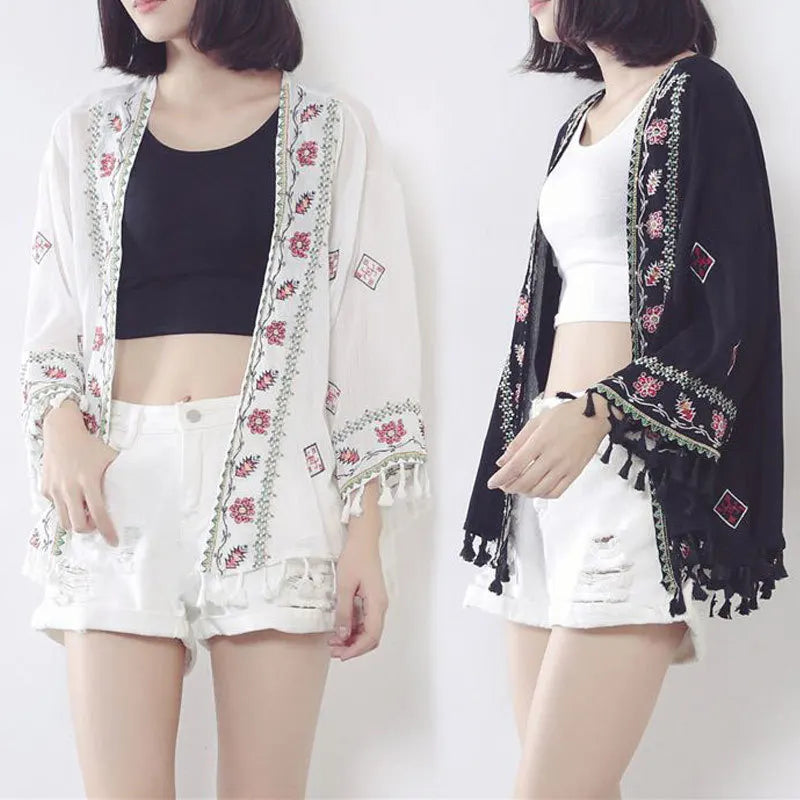 Wholesales Boho Embroidery Rayon Cotton Cover Ups Solid Color Tassels Summer Beach Wear Casual Women Kimono New 2025