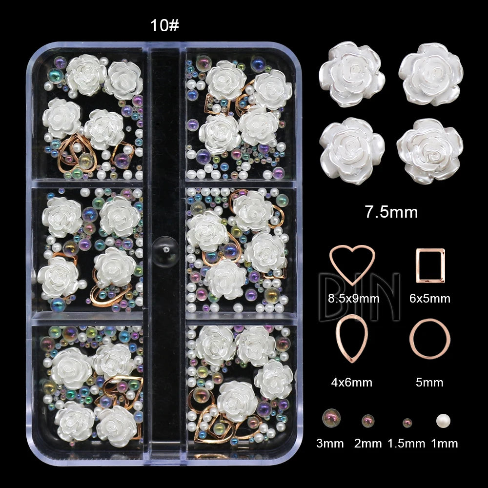3D Flower Nail Art Decorations Mixed Size White Florets Charms Jewelry Gem Beads Diy Nails Accessories Art Gel Polish Nail Art