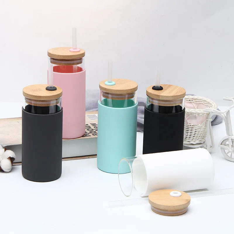 Logo Customized Borosilicate Glass Tumbler with Silicone Sleeve Bamboo Lid & Straw 500ml/16oz BPA Free Heat Resistant