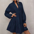 Women's Elegant Custom Stringy Selvedge V Neck Dress Loose A-Line Long Sleeves Breathable Mini Skirt for Summer Casual Print