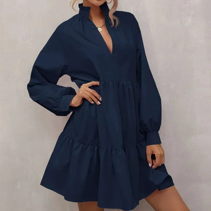 Women's Elegant Custom Stringy Selvedge V Neck Dress Loose A-Line Long Sleeves Breathable Mini Skirt for Summer Casual Print