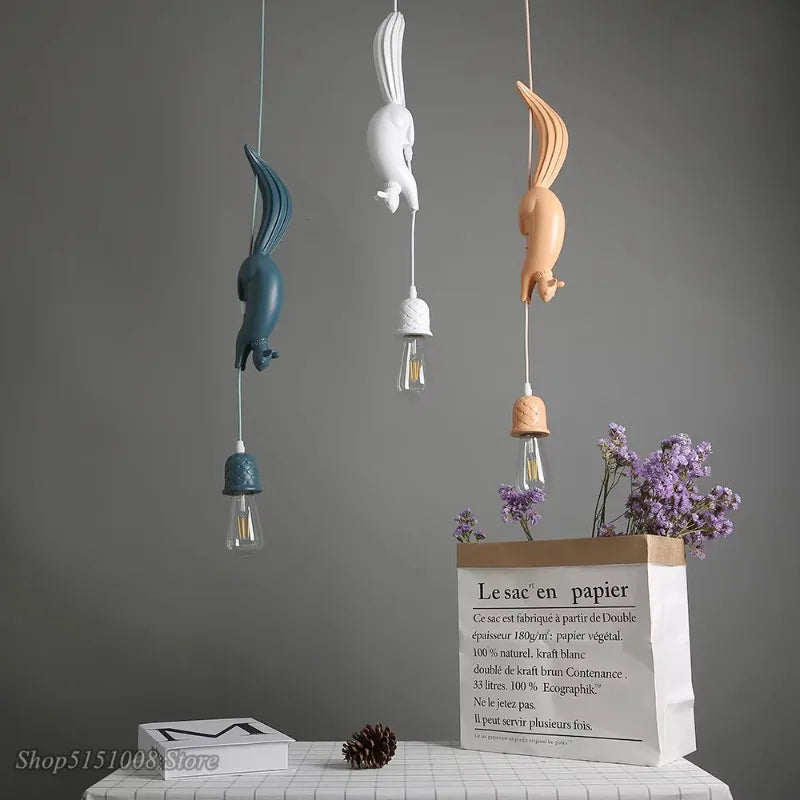 Nordic Resin Squirrel Led Pendant Lights Modern Industrial Children's Room Kitchen Hanging Lamp Loft Animal Light Fixtures Decor