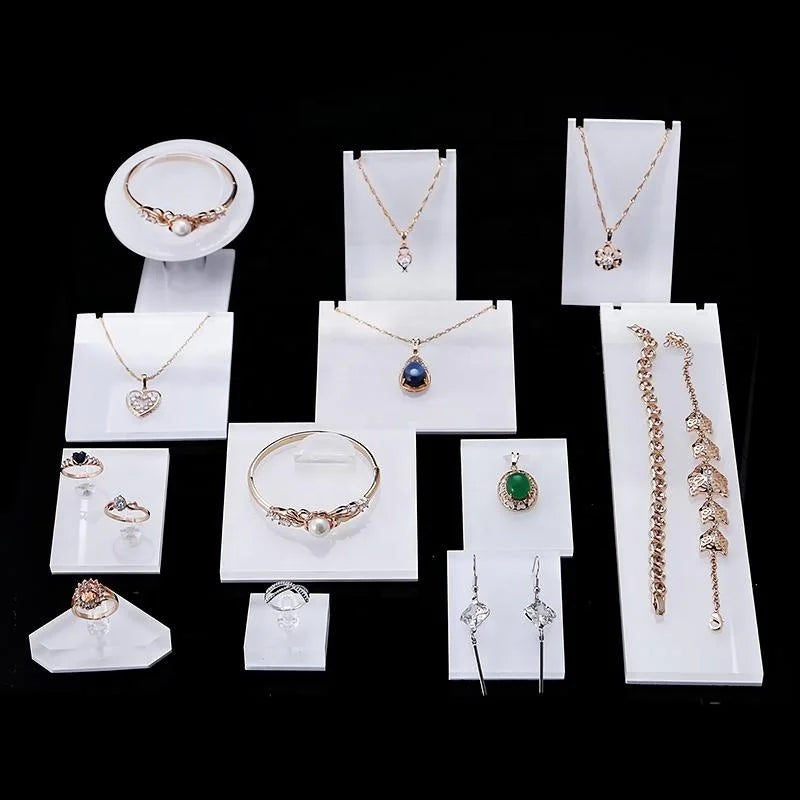 Custom White Acryl Wood Belly Rotating Jewelry Card Stand Hanger Rack Acrylic Base t bar Display Earring for Ring Necklace