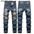 Men's Slim Straight Fit Jeans Retro Street Style Denim Pants Ripped Hole Distressed Features Mid Waist Plus Size Solid Casual