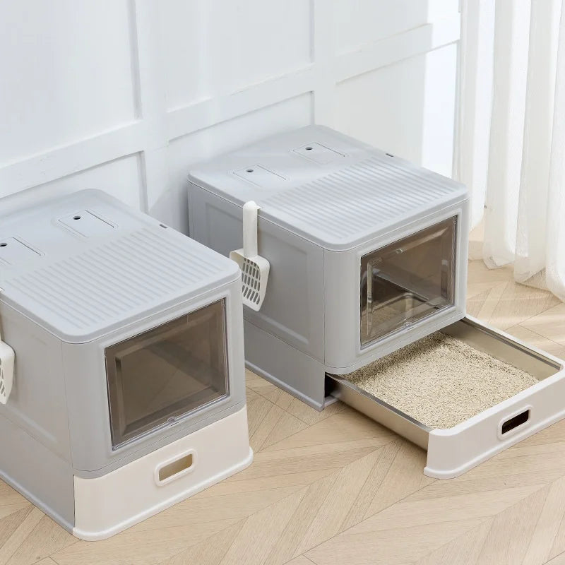Fully Enclosed Stainless Steel Foldable Cat Litter Box with Leak-Proof Design New Upgrade 20L Inner Space Plastic Cat Toilet
