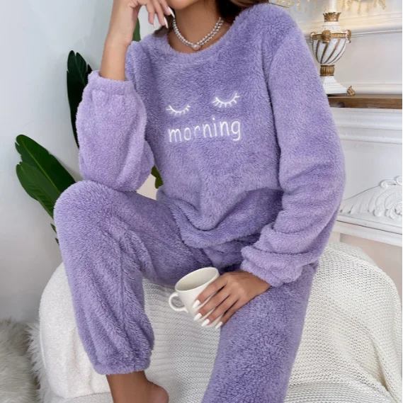 Best Quality Women Letter Print Winter Fuzzy Pajama Set Long Sleeve Women Sleepwear Women's Pajamas Set 2 Piece Fluffy Sleepwear