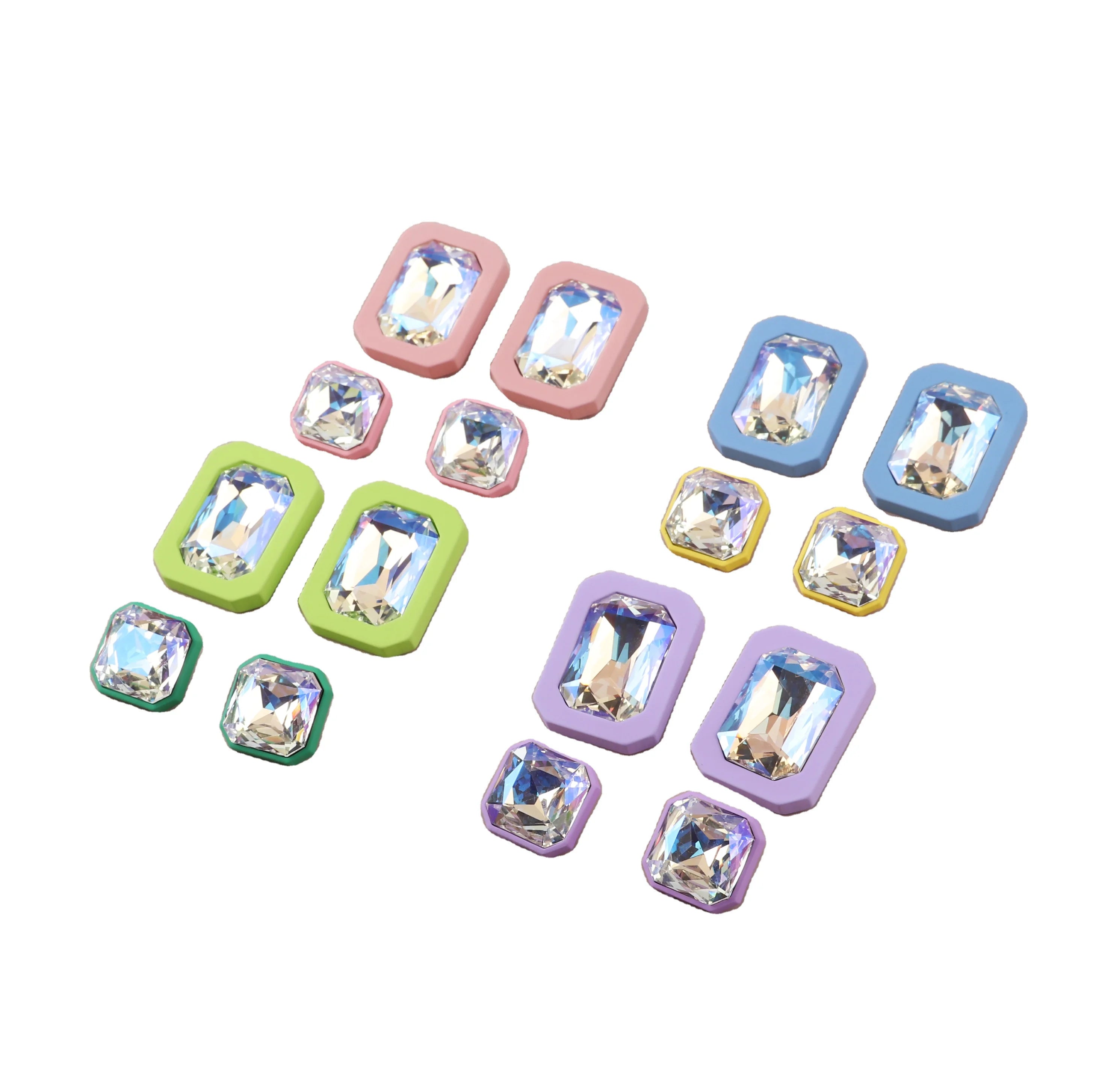 New 2024 Hot Selling Rectangular square Diamond Candy Color Sweet Girl Stud Earrings