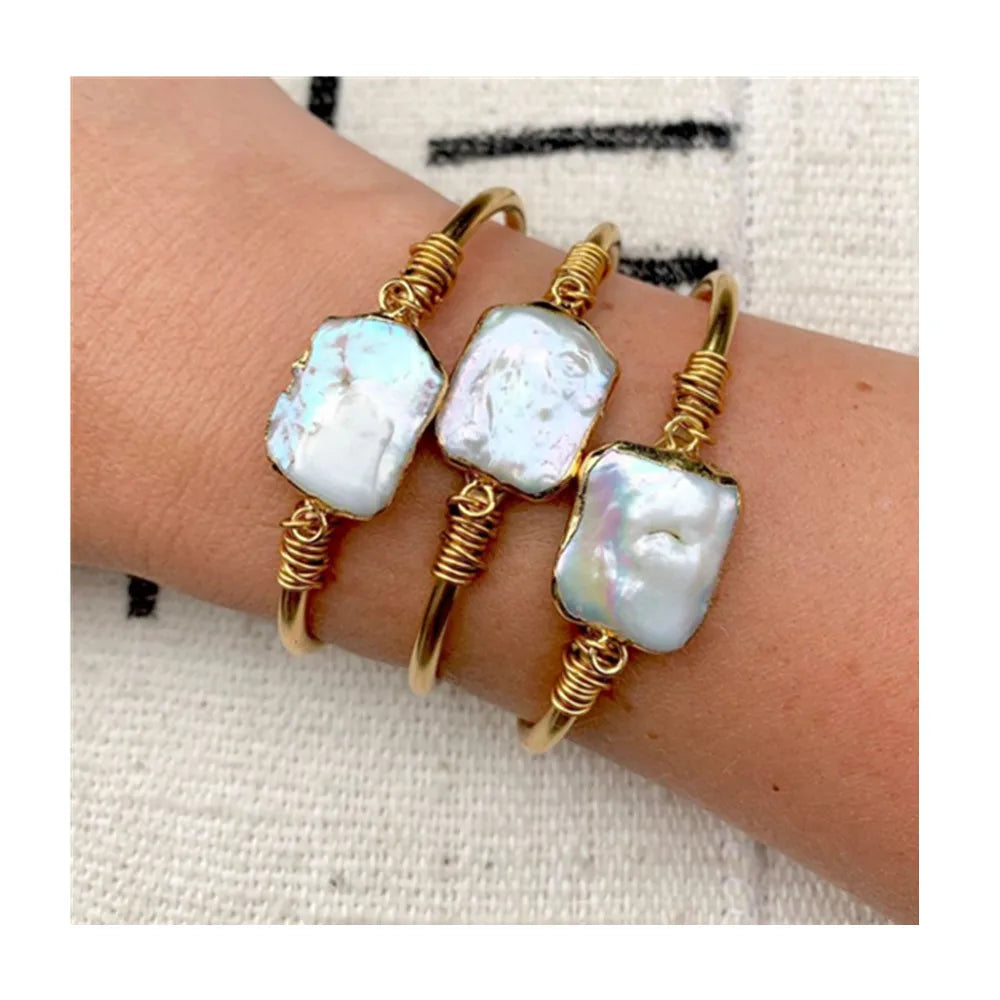 BM33525 Bridesmaid Gift Freshwater Pearl Cuff Bracelet Boho Raw Brass Bangle Bracelet Square Baroque Pearl Bangle
