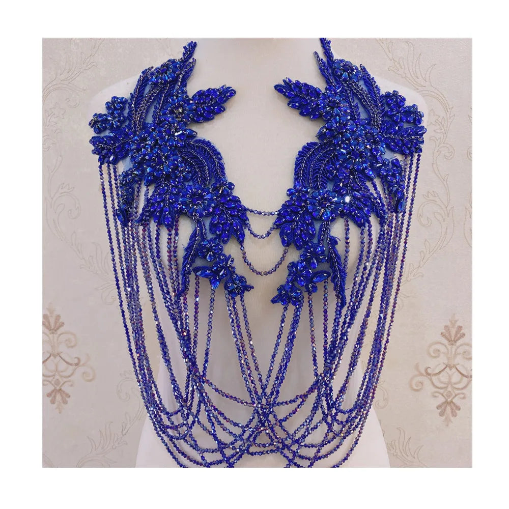 Silver Front Crystal Tassels Wedding Collar With Rhinestone Beaded Tassels Appliques Neckline MegaBDM