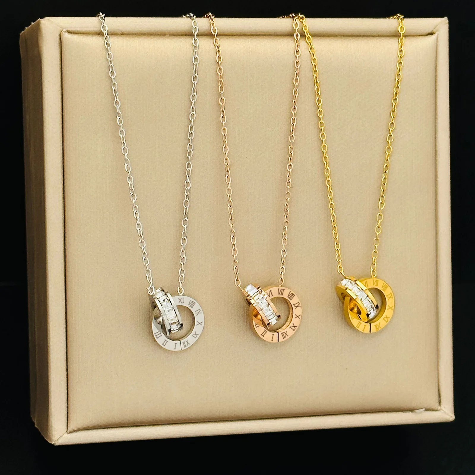 Stainless Steel Roman Numeral Necklace Double Two Circle Diamond Ring Necklace
