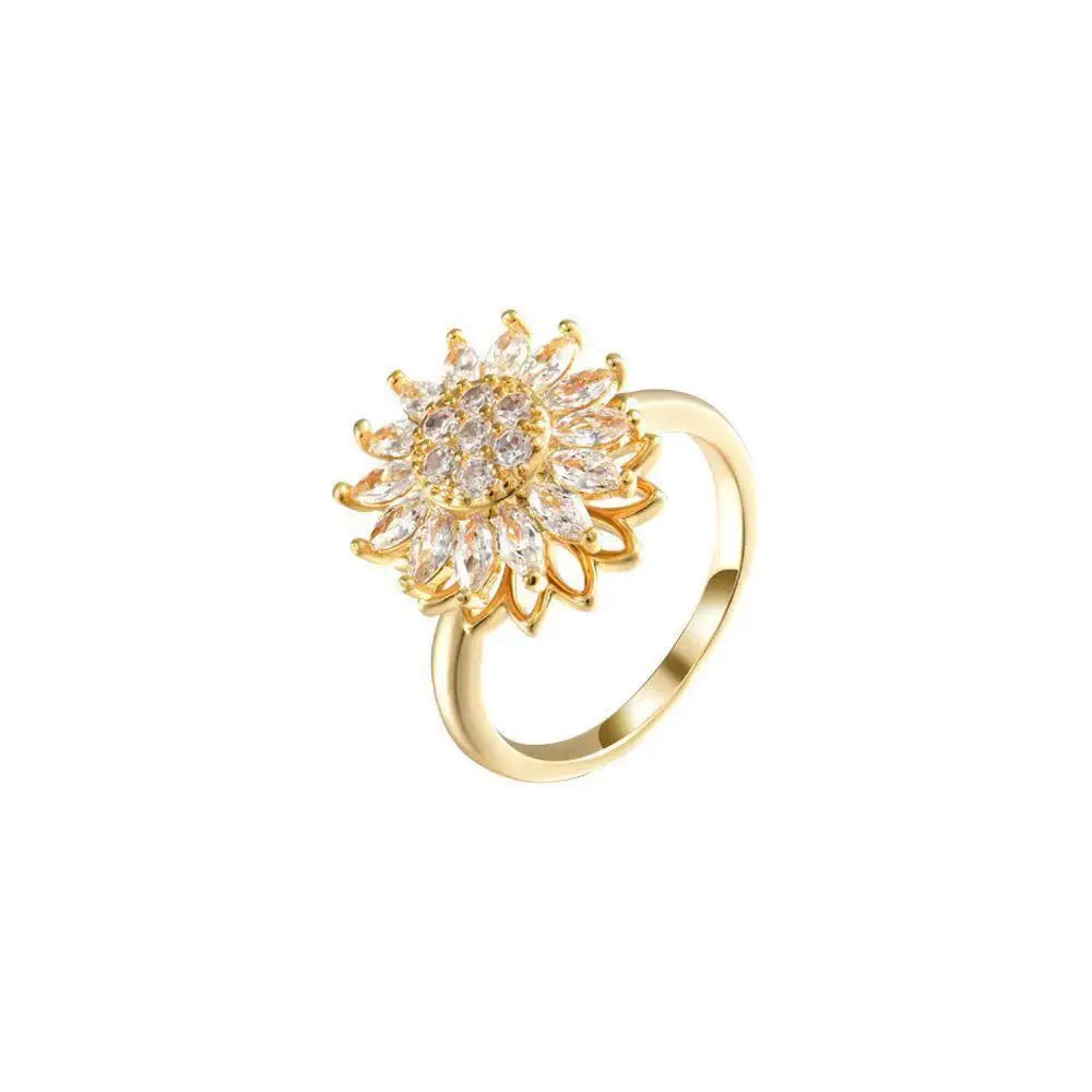 GT Crystal Sunflower Rotating Ring Anxiety Hand Inlaid with Zirconium Ring