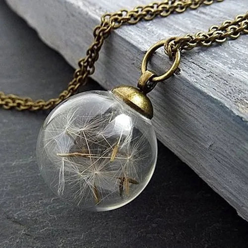 WISH Pendant Plant Dandelion Glass Ball Long Hair Dried Flower Glass Ball Long Necklace