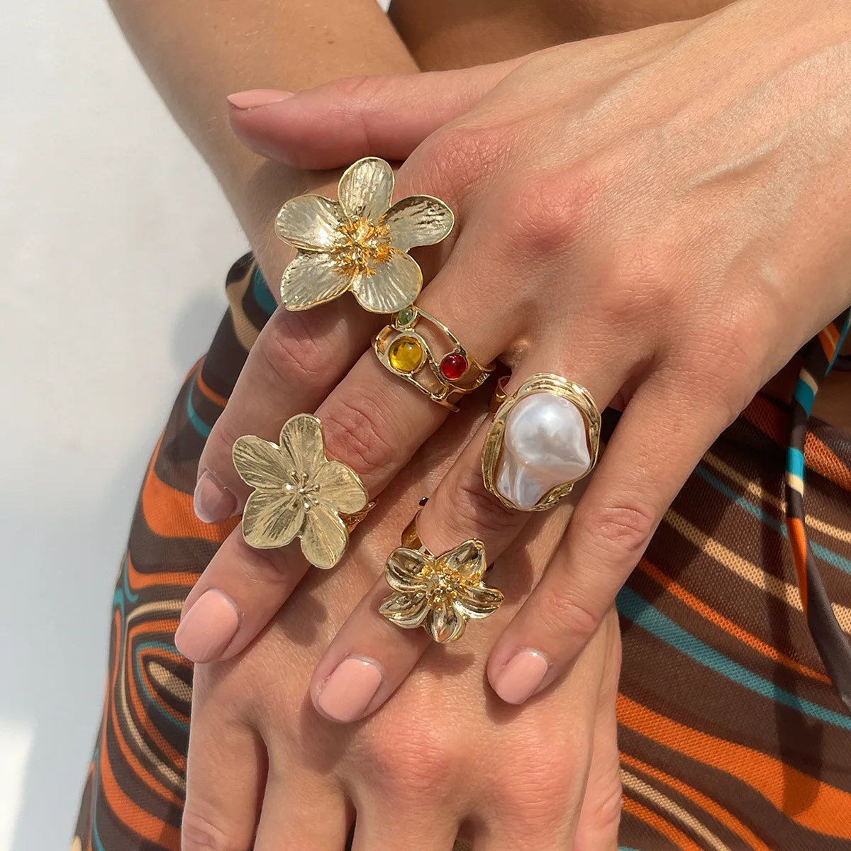 Vintage Gold Irregular Flower Baroque Pearls Geometric Ring Set Bold Chunky Open Finger Ring Fashion Jewelry