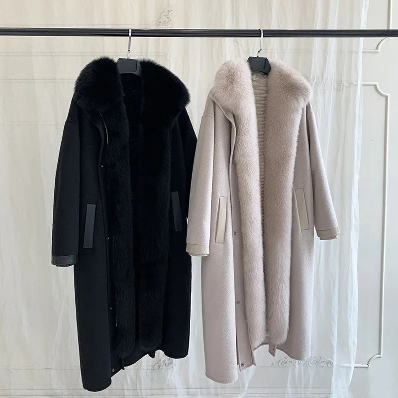 Jtfur Winter Rex Rabbit Fur Garment Elegant Warm Cashmere Long Ladies Fur Collar Custom Women Wool Coat