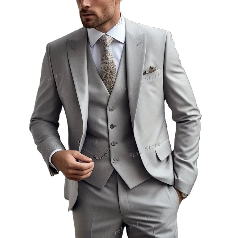 New Grey Groom Groomsman Men Suit Wedding Party Formal Occasions Business Male Tuxedo 3 Piece Set Jacket Vest Pants